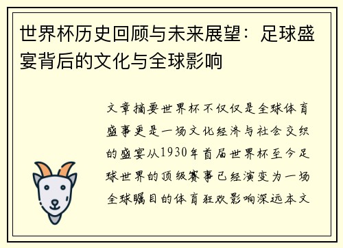 世界杯历史回顾与未来展望:足球盛宴背后的文化与全球影响 世界杯历史回顾与未来展望:足球盛宴背后的文化与全球影响